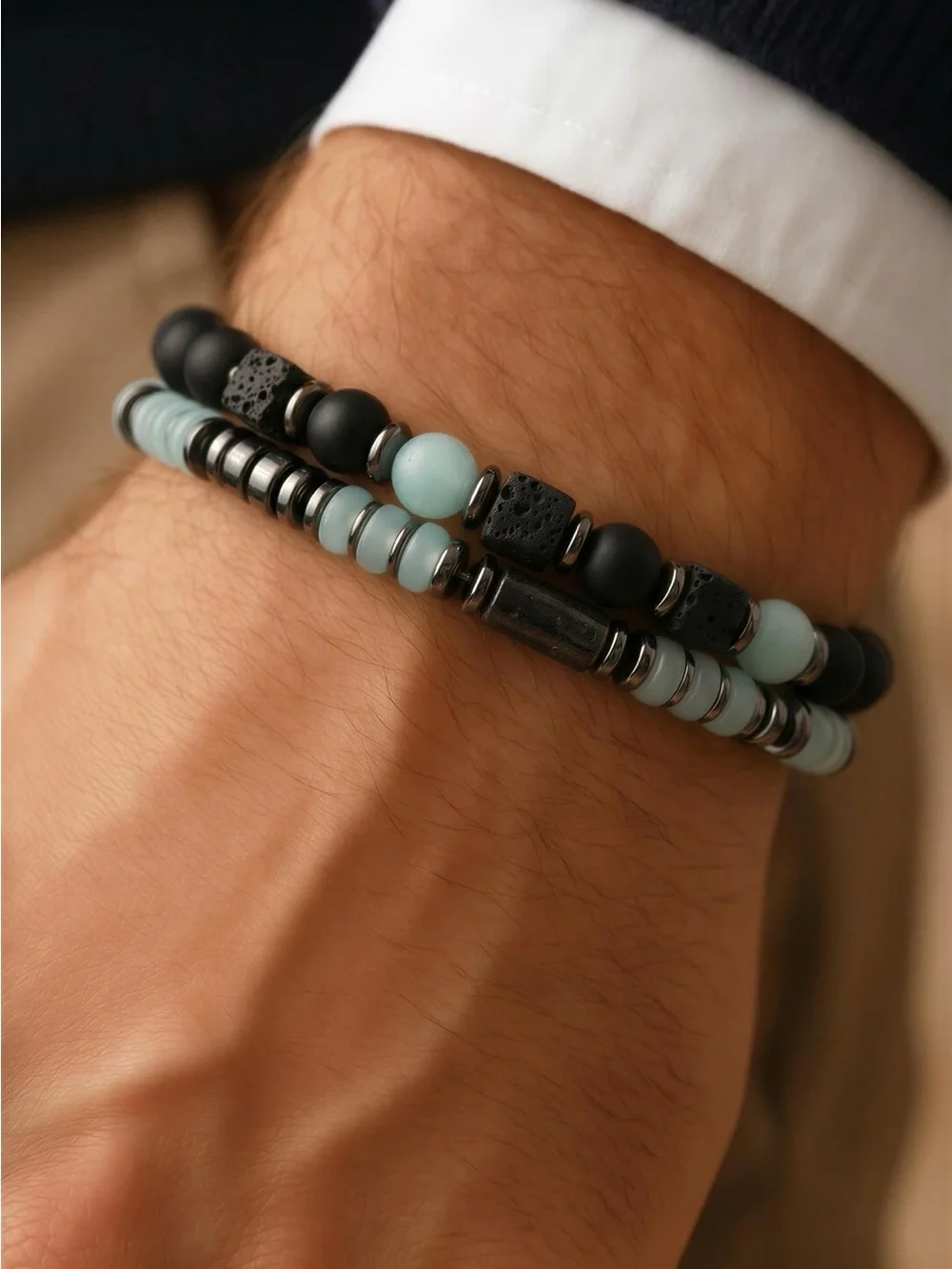 Stacked Black & Light Blue Beaded Men’s Bracelet Set